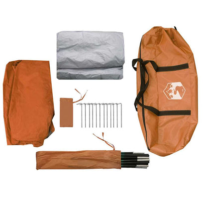 Oranje vidaXL koepeltent met stokken, haringen en beschermhoezen in een opbergtas.