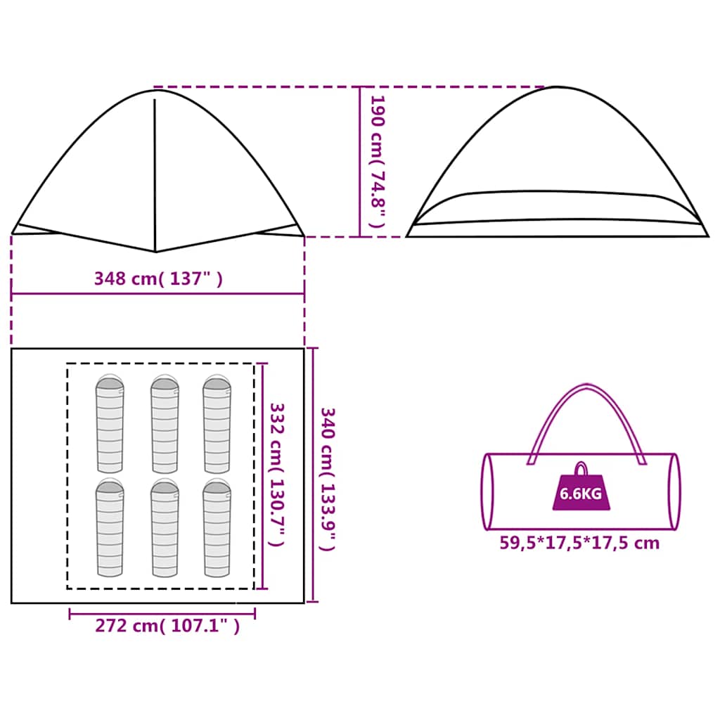 Technische tekening van de vidaXL 6-persoons koepeltent met afmetingen en gewicht.