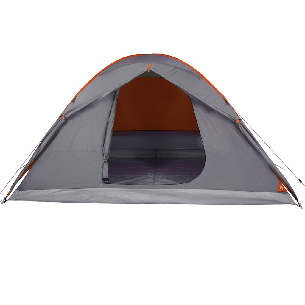 Zijaanzicht van de vidaXL koepeltent 6-persoons in grijs met oranje details.
