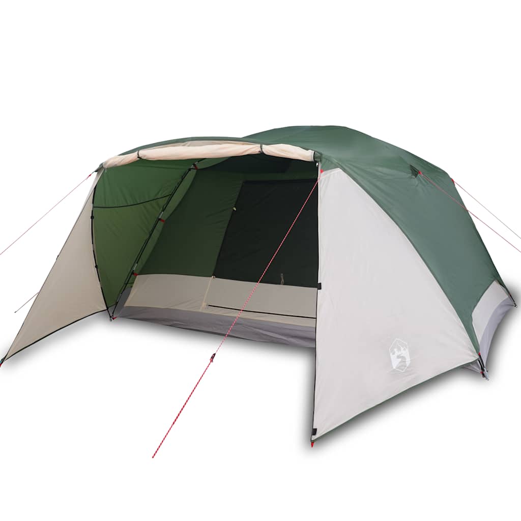 Detail van de groene vidaXL 4-persoons tent met luifel, zijaanzicht en open ingang.