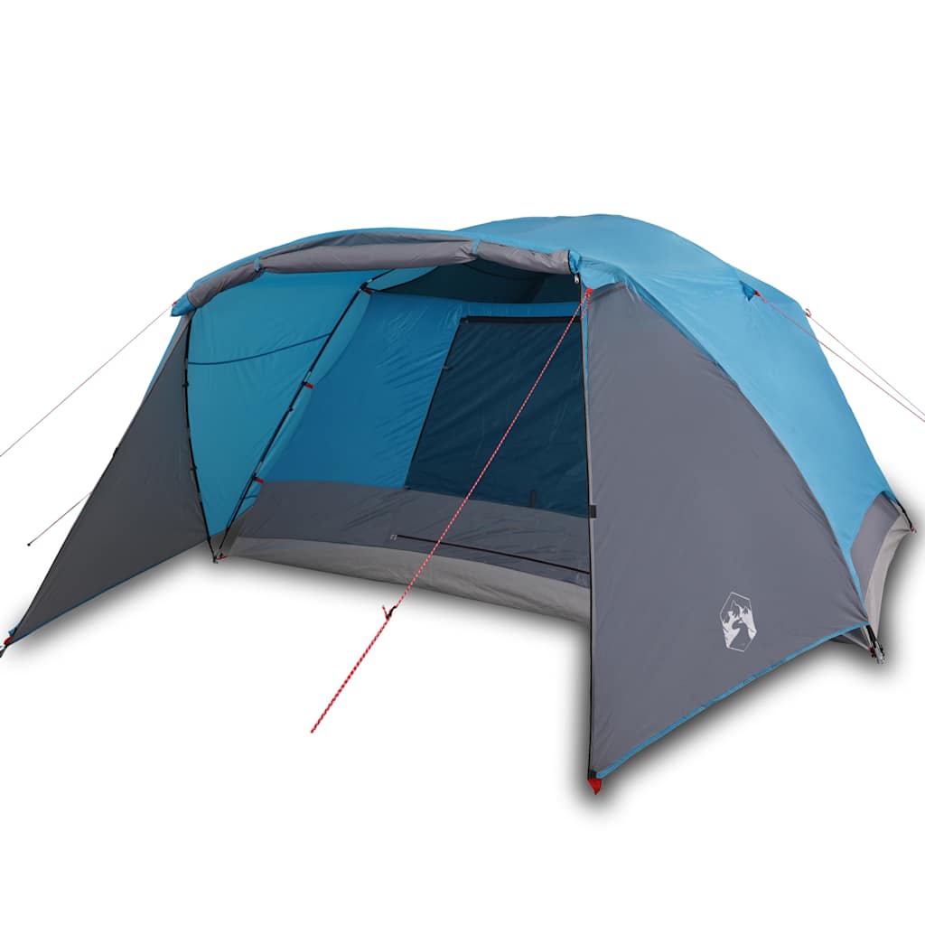 Detail van de vidaXL tent met luifel, zijaanzicht in blauw en grijs.