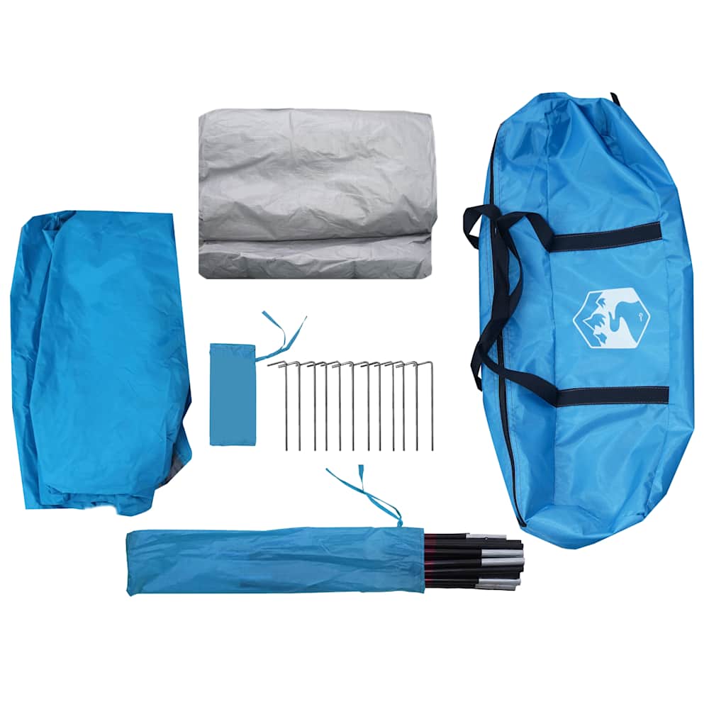 Blauwe vidaXL tent voor 4 personen met bijbehorende stokken, haringen en beschermhoezen.