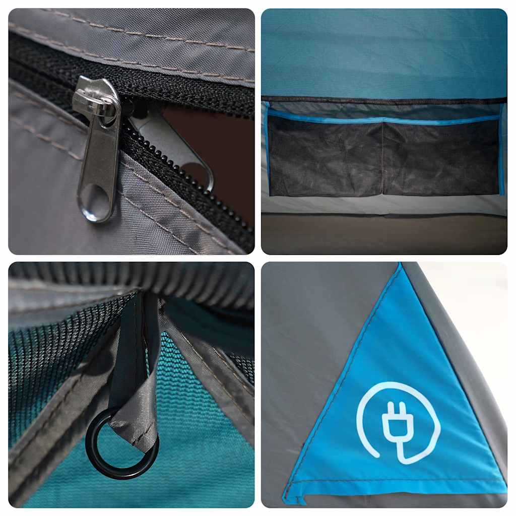 Detail van de rits en binnenzakken van de vidaXL 4-persoons tent in blauw.