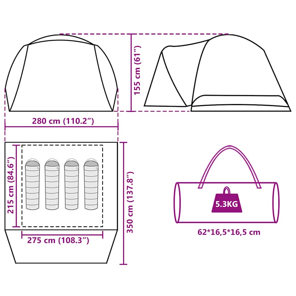 Detailweergave van de afmetingen en opbergtas van de vidaXL 4-persoons tent in blauw.