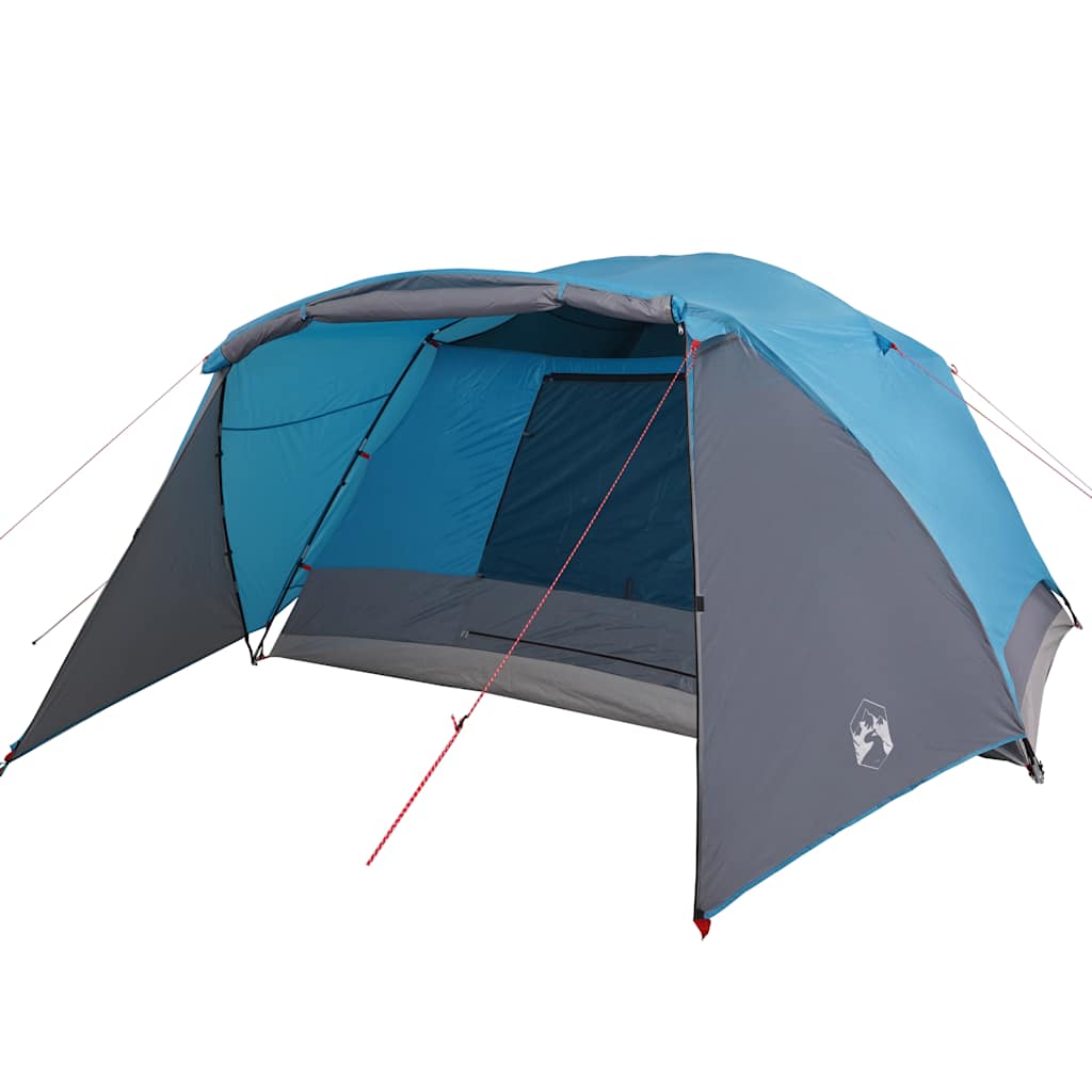 Zijaanzicht van de vidaXL 4-persoons tent in blauw met luifel en ventilatieroosters.