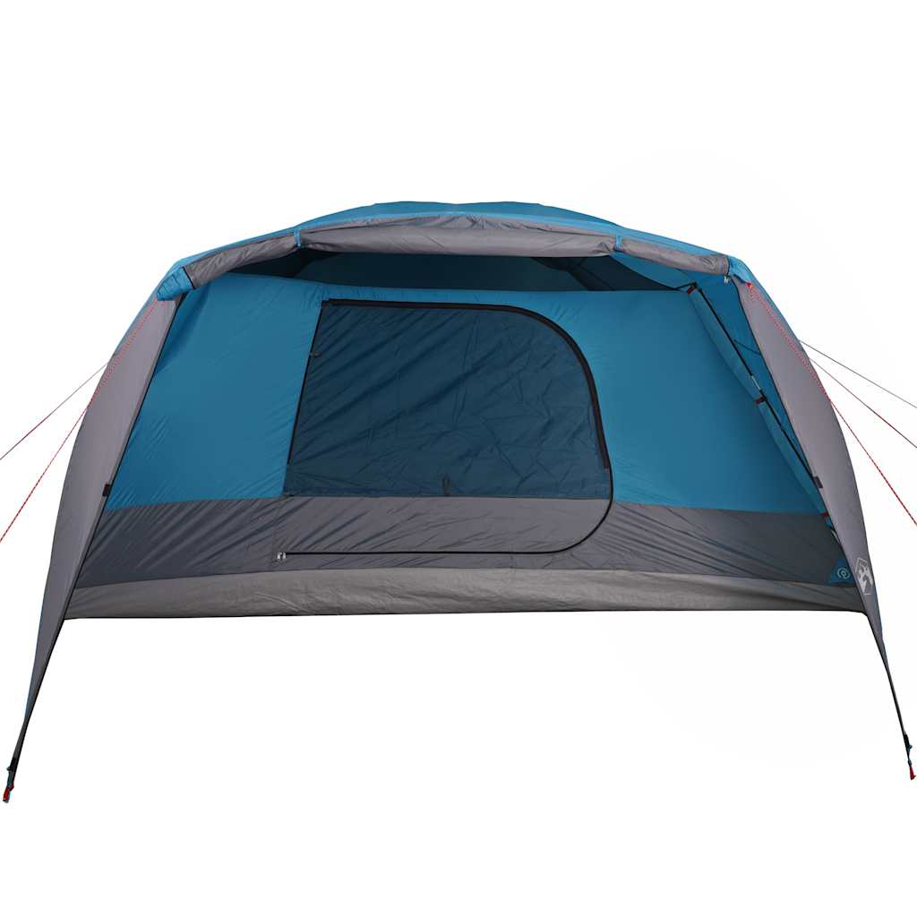 Zijaanzicht van de vidaXL 4-persoons tent met luifel in blauw, open ingang.