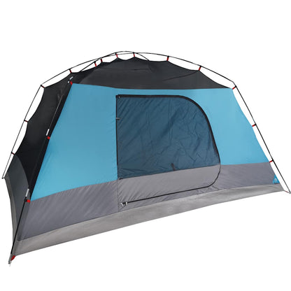 Zijaanzicht van de vidaXL 4-persoons tent in blauw met luifel en open ingang.