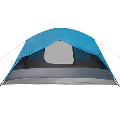 Zijaanzicht van de vidaXL 4-persoons tent met luifel in blauw, met open ingang.