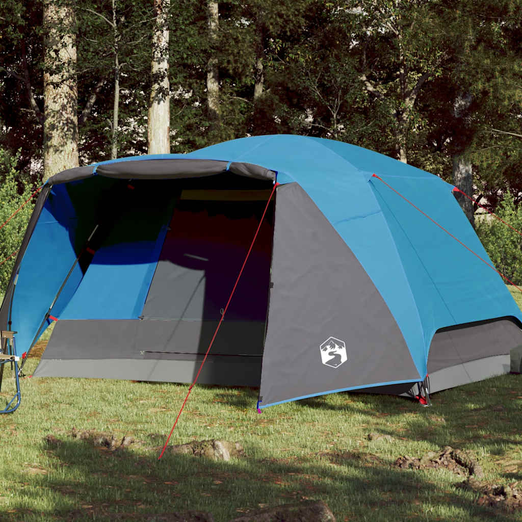 Blauwe vidaXL tent voor 4 personen met luifel, waterdicht en windbestendig.