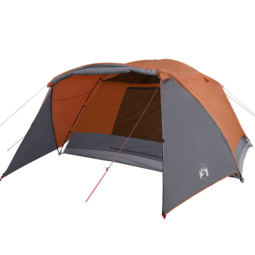 Zijaanzicht van de vidaXL tent met luifel in oranje en grijs, waterdicht ontwerp.