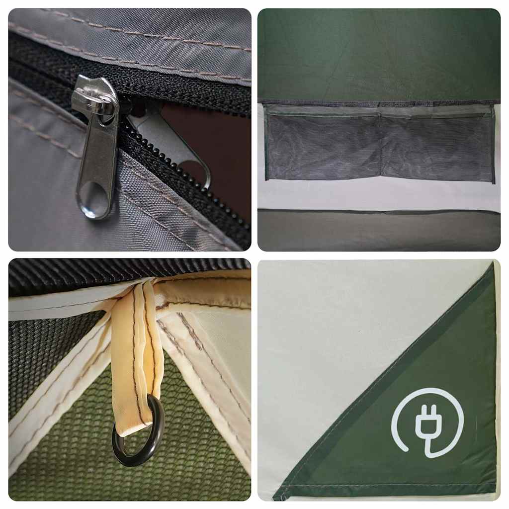 Details van de waterdichte tent met rits, gaasvenster en bevestigingshaak.