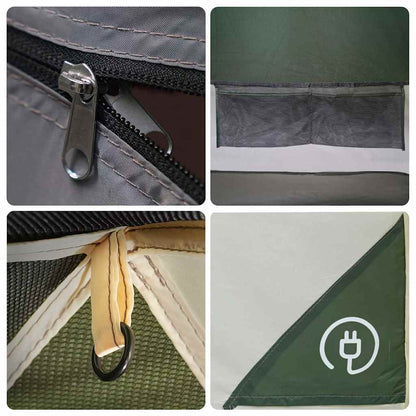 Details van de waterdichte tent met rits, gaasvenster en bevestigingshaak.