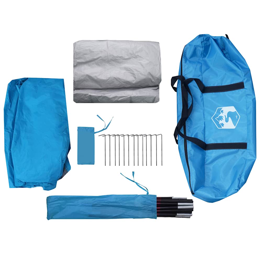 Blauwe vidaXL gezinstent met luifel, inclusief stokken en haringen, overzicht van accessoires.