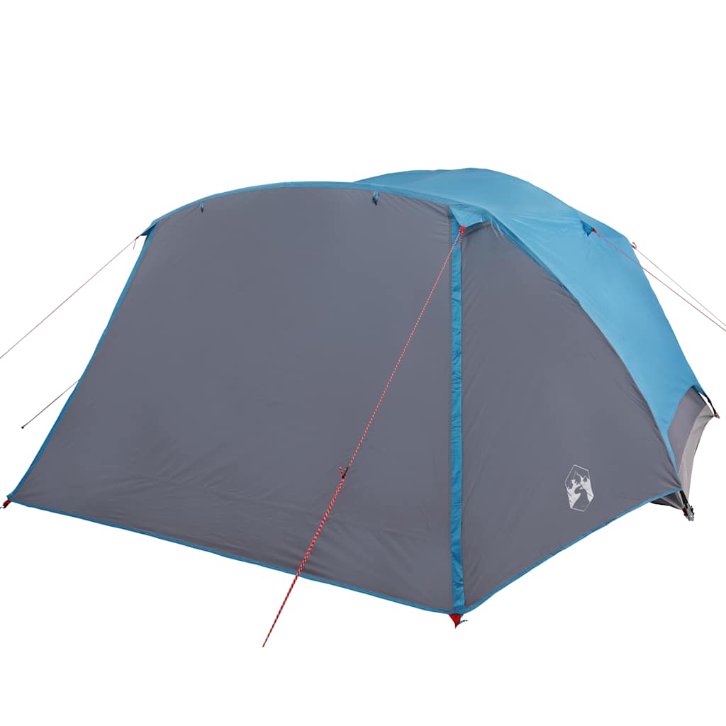 Zijaanzicht van de vidaXL 6-persoons tent in blauw, met waterdichte stof en luifel.