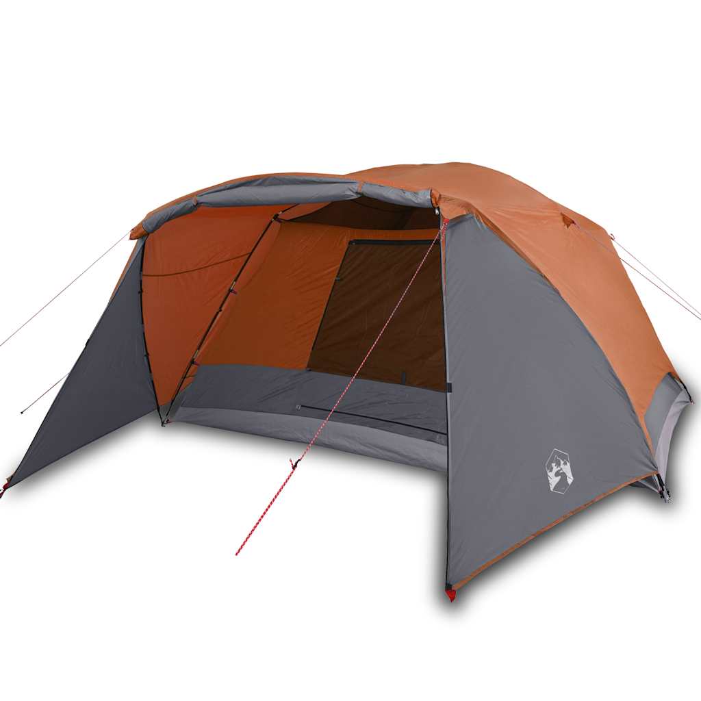 Zijaanzicht van de vidaXL 6-persoons tent met grijze en oranje kleuren.