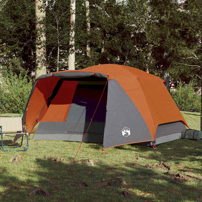 Zijaanzicht van de vidaXL 6-persoons tent met grijs-oranje luifel in de natuur.