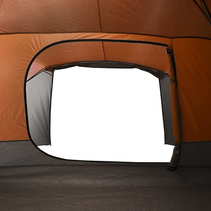 Detail van de ingang van de vidaXL 6-persoons tent met grijze en oranje kleuren.