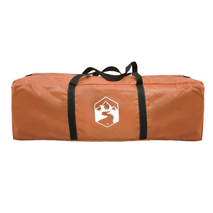 Oranje opbergtas van de vidaXL 6-persoons tent met zwarte handvatten en logo.