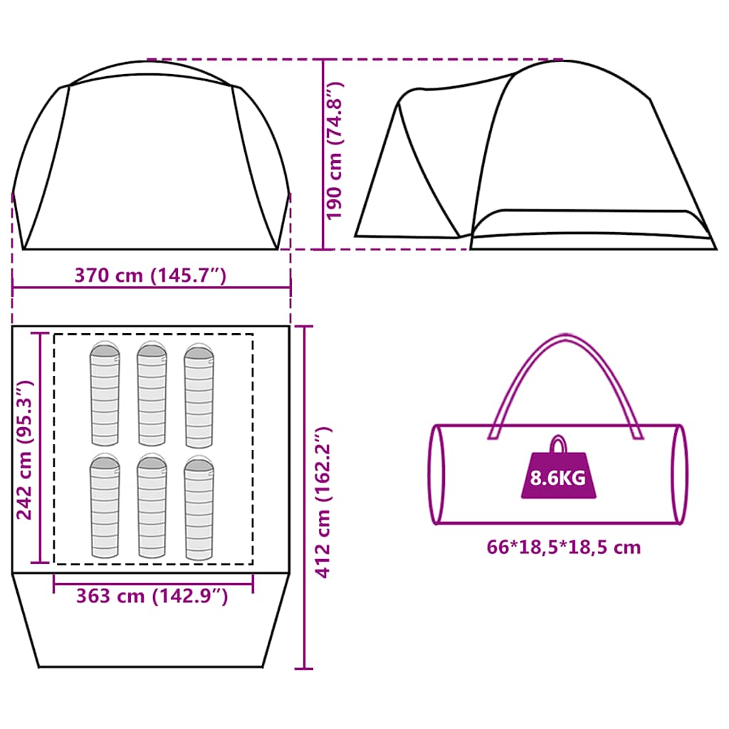 Detailweergave van de afmetingen en indeling van de vidaXL 6-persoons tent.
