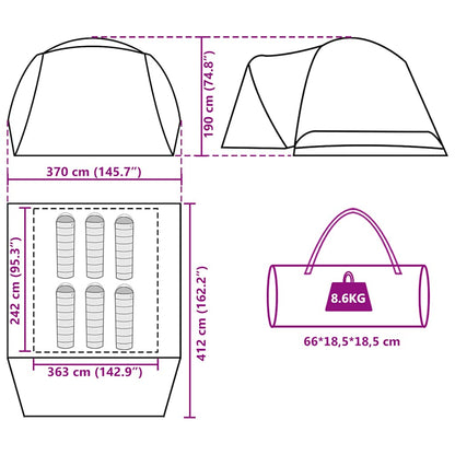 Detailweergave van de afmetingen en indeling van de vidaXL 6-persoons tent.