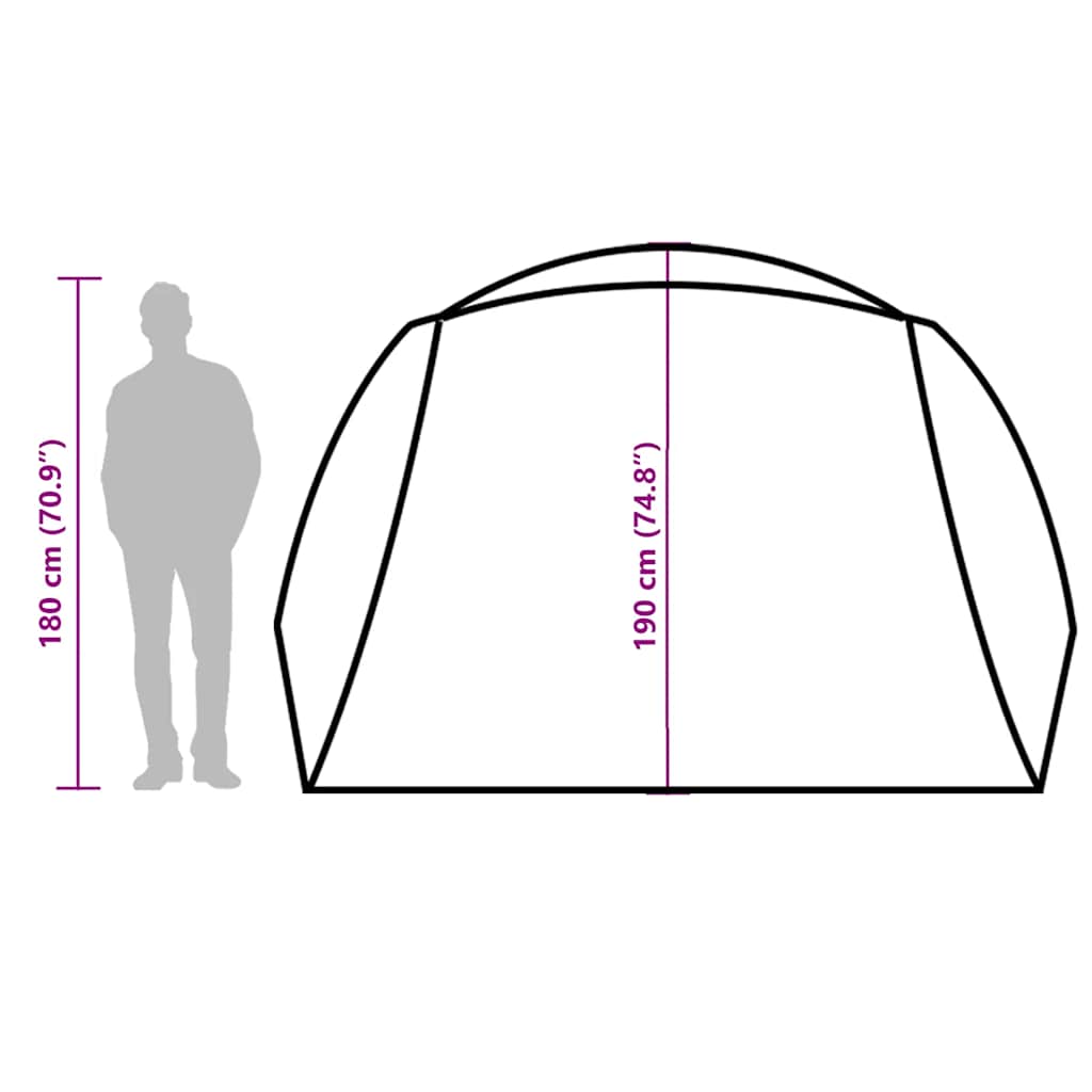 Zijaanzicht van de vidaXL 6-persoons tent met afmetingen en hoogteindicatie.