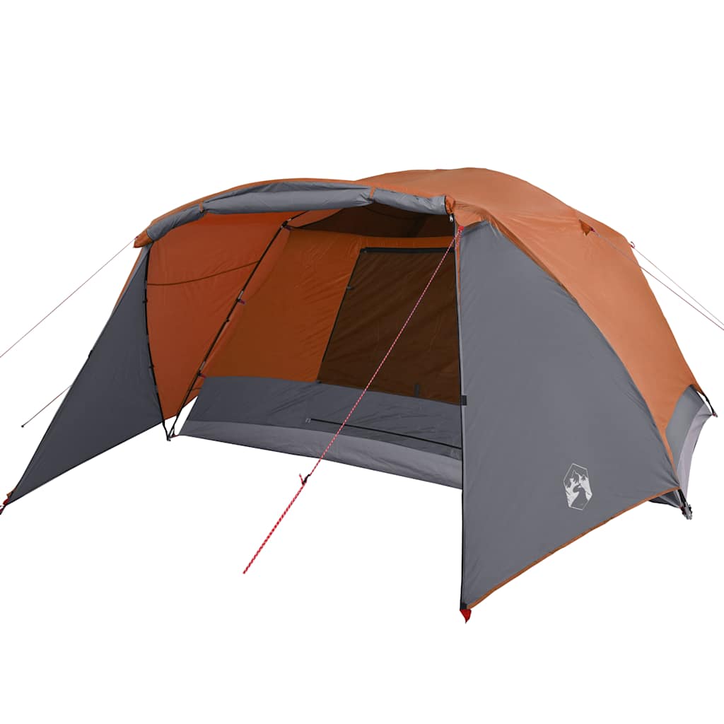 Zijaanzicht van de vidaXL 6-persoons tent met grijze en oranje kleuren.