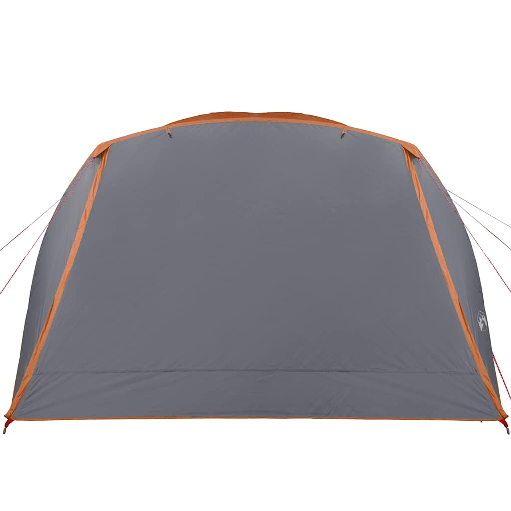 Zijaanzicht van de vidaXL 6-persoons tent in grijs met oranje details.