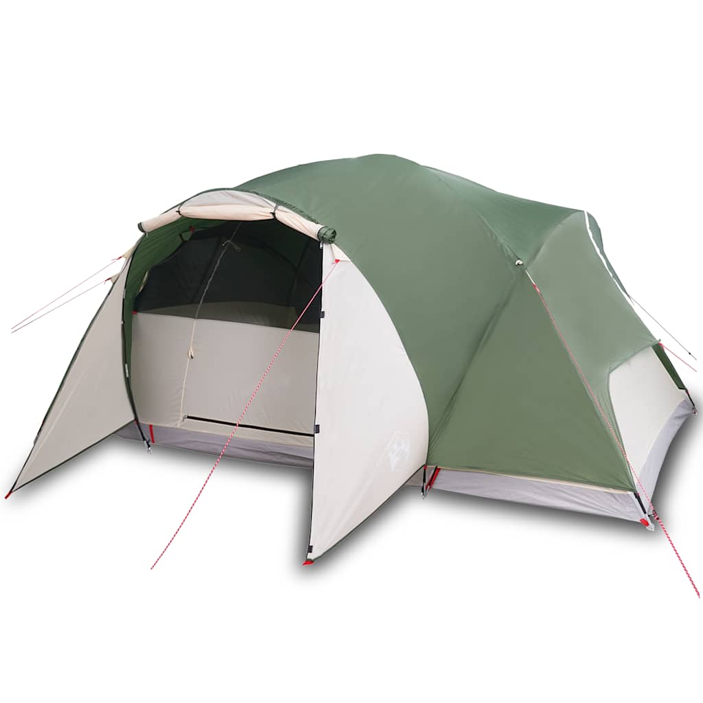 Zijaanzicht van de vidaXL crossvent tent in groen, met open ingang en ventilatie.