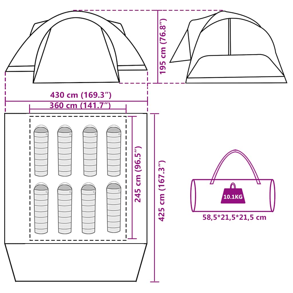 Technische tekening van de vidaXL crossvent gezinstent met afmetingen en details.