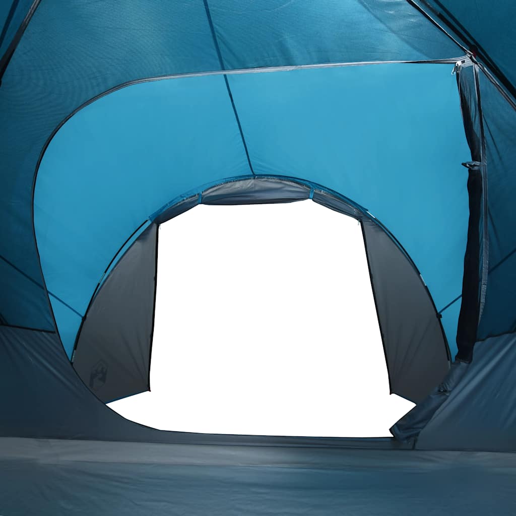 Detail van de ingang van de vidaXL Crossvent gezinstent in blauw, met ventilatierooster.