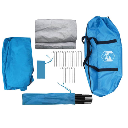 Detail van de vidaXL Crossvent gezinstent met accessoires en opbergzak in blauw.