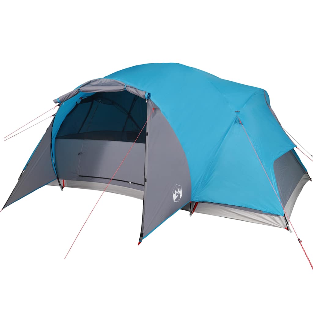 Zijaanzicht van de vidaXL Crossvent gezinstent in blauw, met open ingang en ventilatie.