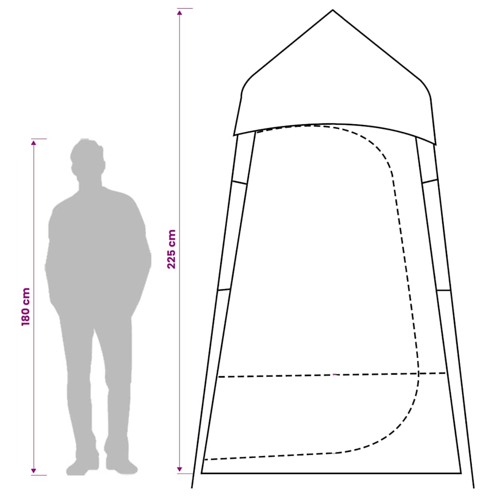 Zijaanzicht van de vidaXL toilettent met afmetingen en silhouet van een persoon.