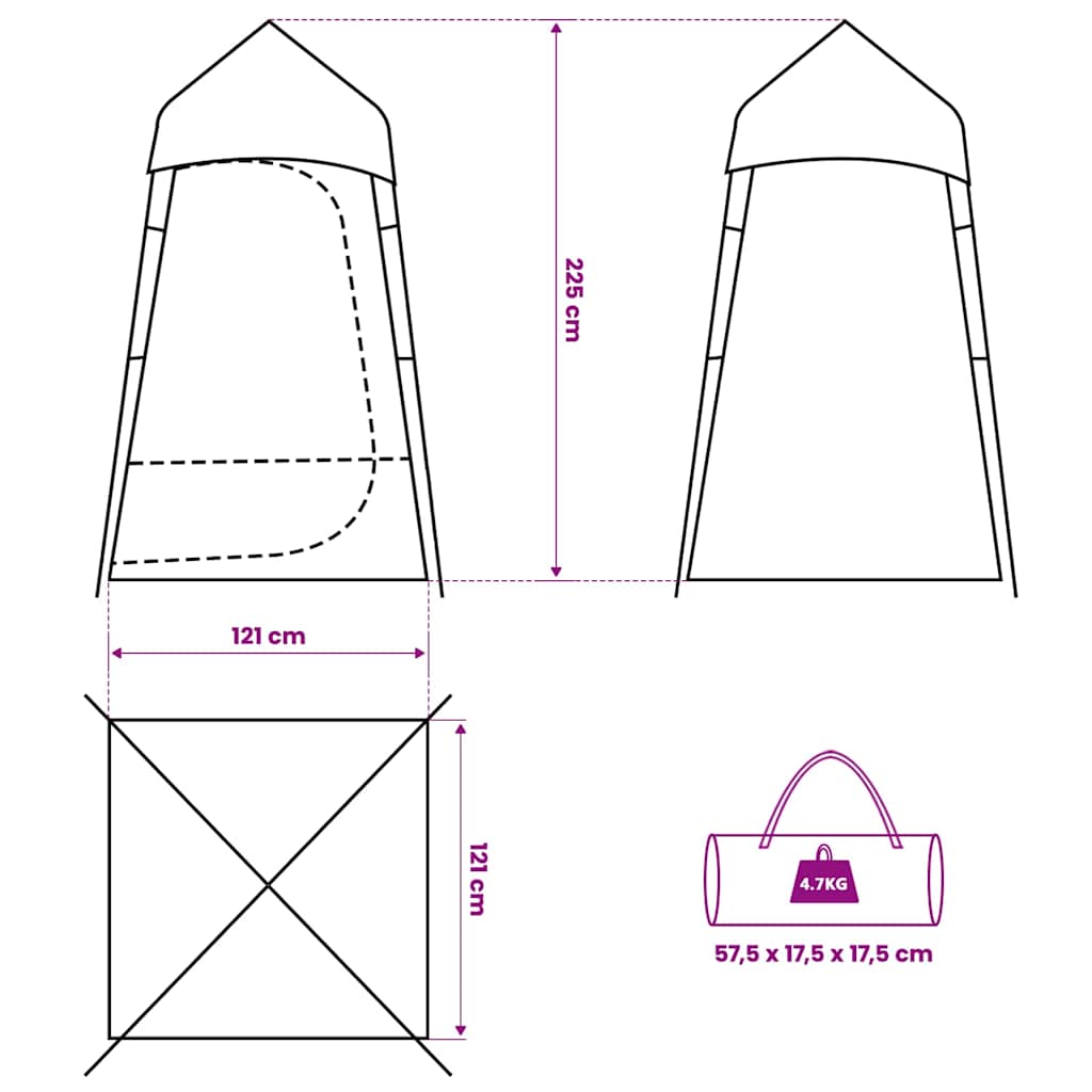 Detailtekening van de vidaXL toilettent met afmetingen en draagtas.