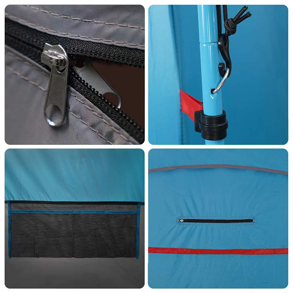 Detail van de rits en bevestigingen van de vidaXL waterdichte toilettent in blauw.