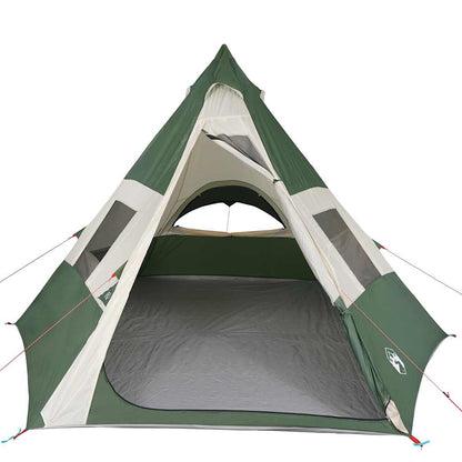 Zijaanzicht van de vidaXL 7-persoons tipitent in groen met open ritsdeur en ventilatieraam.