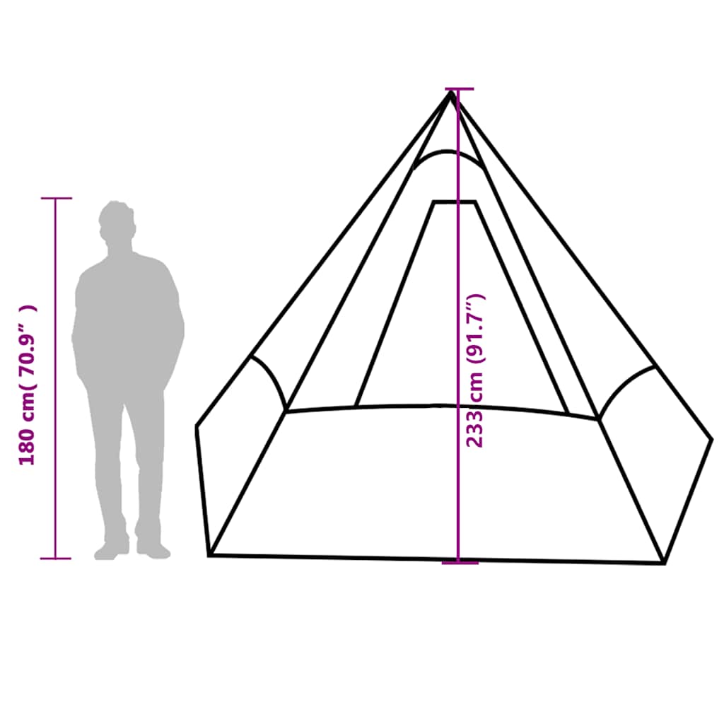 Zijaanzicht van de vidaXL Tipitent met afmetingen en hoogte van 180 cm.
