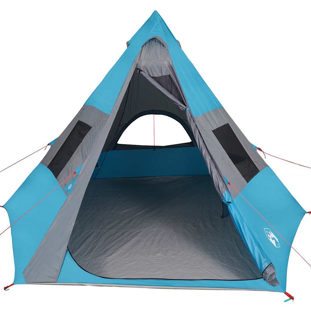 Detail van de blauwe vidaXL Tipitent met open ingang en gaasramen voor ventilatie.