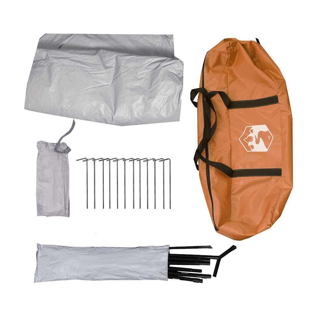 Oranje vidaXL tipitent met accessoires, waaronder haringen en stokken in een opbergtas.