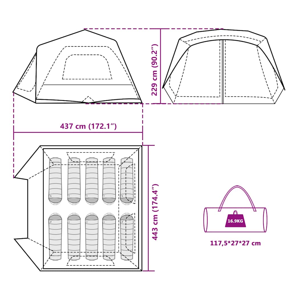 Detail van de vidaXL tent met afmetingen en indeling voor 10 personen.