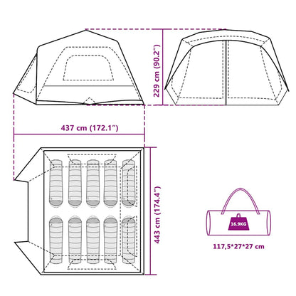 Detail van de vidaXL tent met afmetingen en indeling voor 10 personen.
