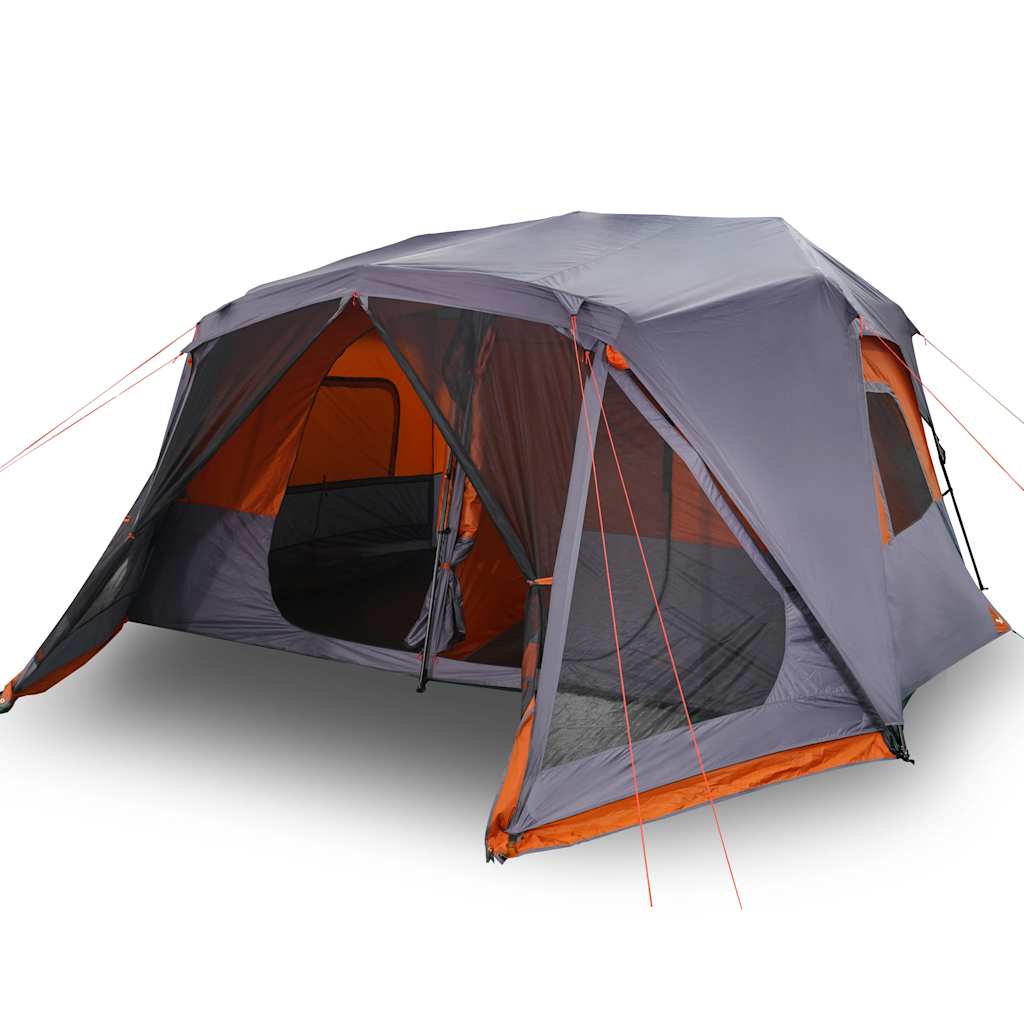 Zijaanzicht van de vidaXL 10-persoons tent met grijs en oranje details.