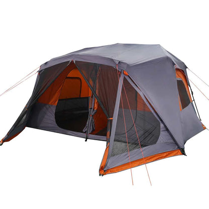 Detail van de vidaXL tent in grijs en oranje met open ingangen en ventilatieroosters.