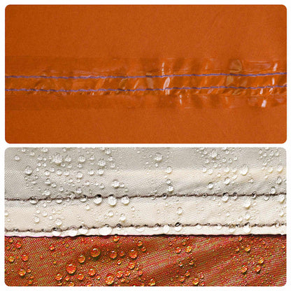 Detail van de getapete naden van de vidaXL tent, met waterdruppels op de stof.