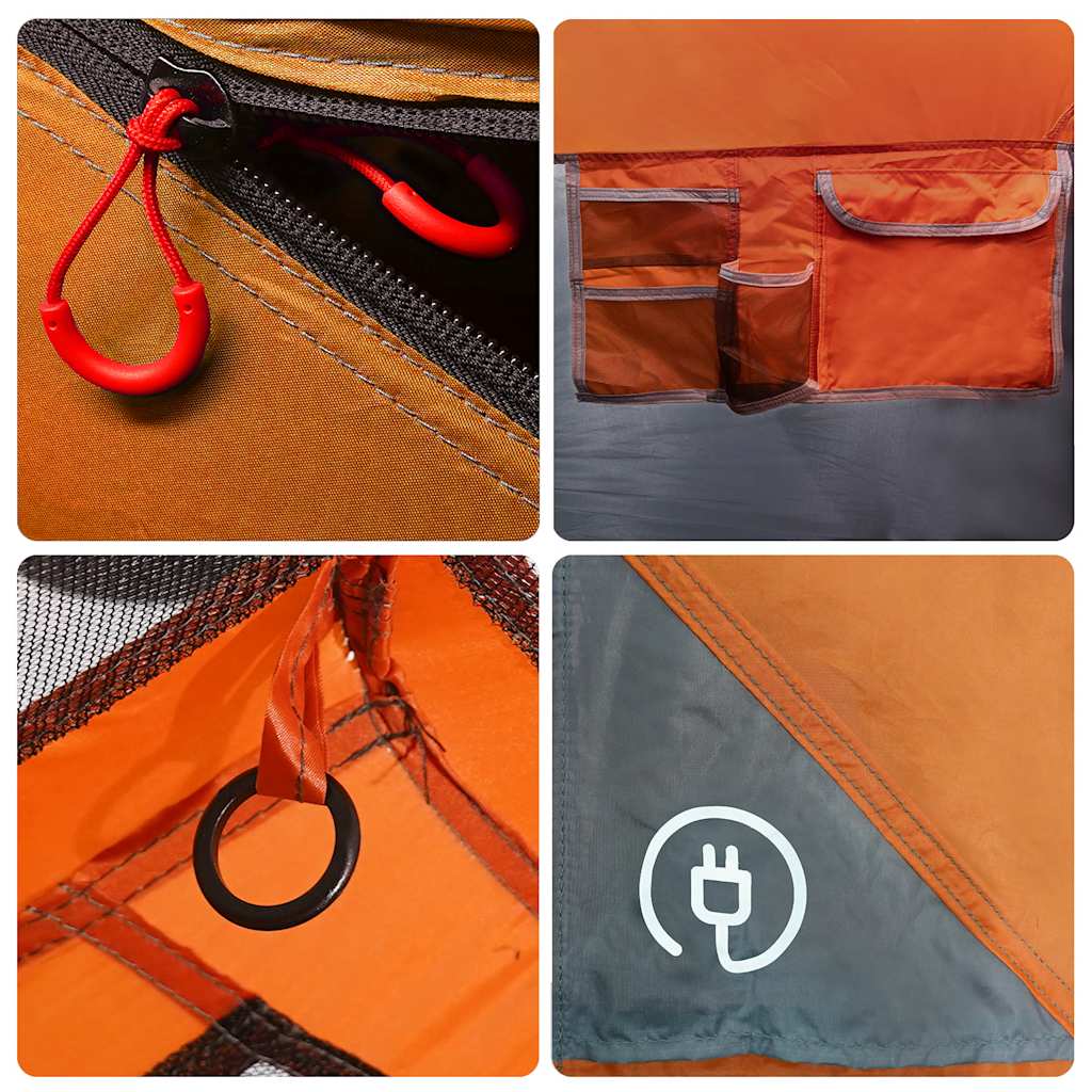 Detail van de grijs-oranje vidaXL tent met snelontgrendelingssystemen en opbergvakken.