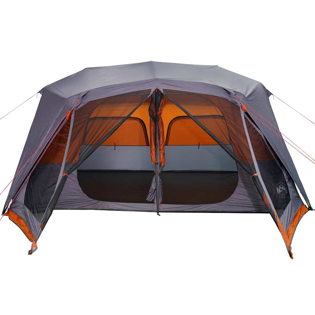 Zijaanzicht van de vidaXL 10-persoons tent met grijs-oranje kleur en grote ingangen.