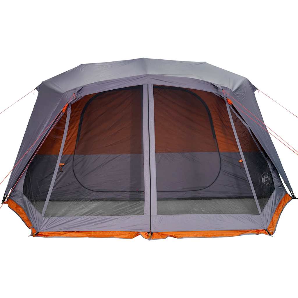 Detail van de grijze vidaXL tent met oranje accenten en grote ventilatieroosters.