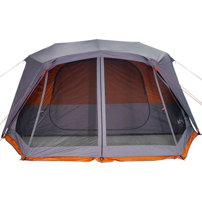 Detail van de grijze vidaXL tent met oranje accenten en grote ventilatieroosters.