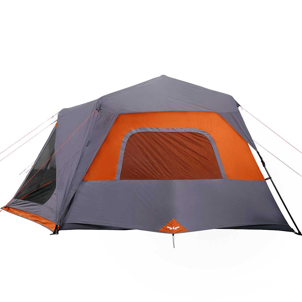 Detail van de tent vidaXL in grijs en oranje met een groot venster.