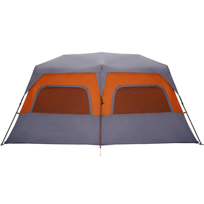 Detail van de grijs-oranje vidaXL tent met grote ventilatieroosters aan de voorkant.